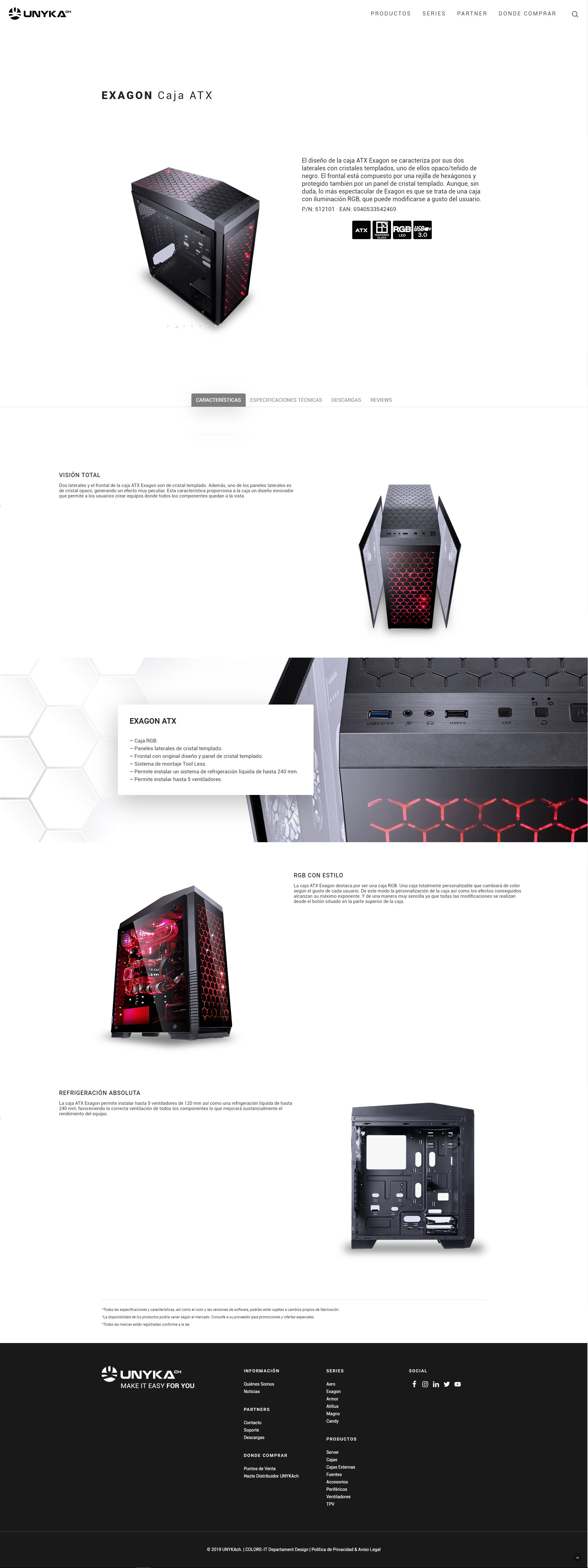 Imagen de la página de detalles del producto de la caja de ordenador con información completa y detallada sobre el tamaño, capacidad, diseño y especificaciones técnicas.